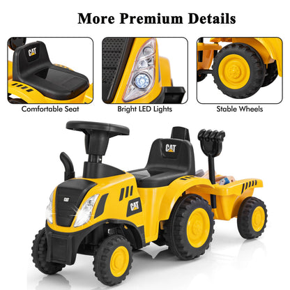Maxmass Ride on Tractor and Trailer, Kids Sliding Toy Car with Detachable Trailer, LED Lights, Horn, Rake & Shovel, Foot to Floor Toddler Ride on Car for 12-36 Months Old (Yellow, 91 x 28 x 45cm)