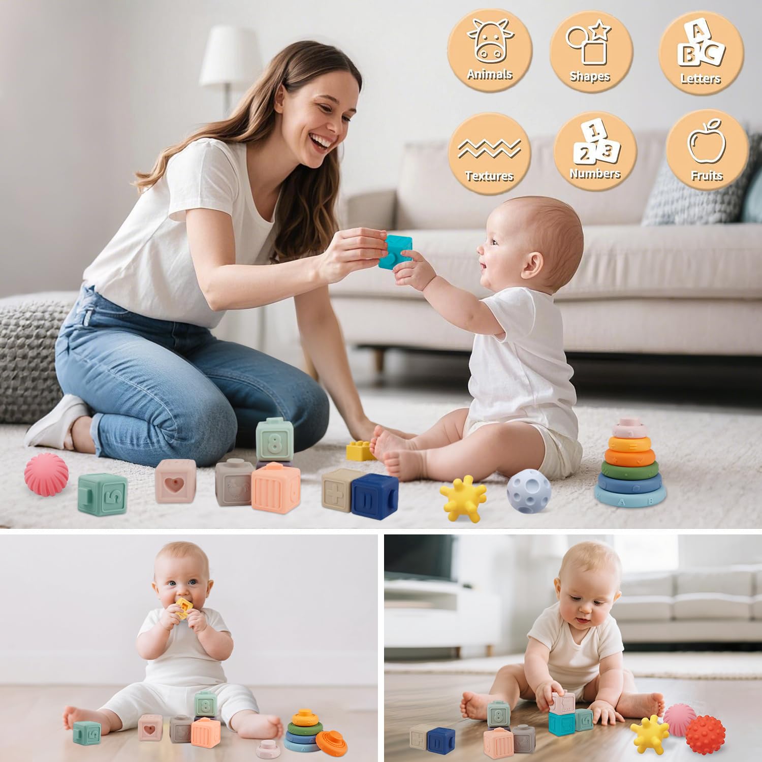 Weilim baby toys for 6-12 months, featuring sensory bins and pull string teether for infants and toddlers.