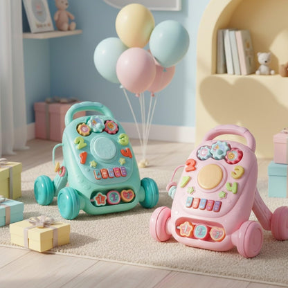 Blue PEBBLE HUG Baby Learning Walker with interactive lights, music, and sturdy design for safe first steps and educational play.