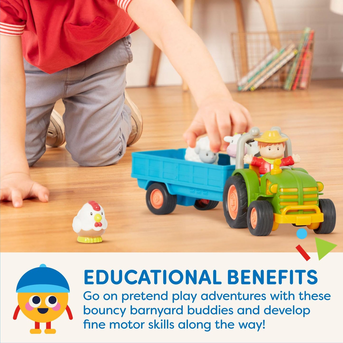 Battat farm toy set for toddlers with toy tractor, trailer, animals, lights, and sounds for pretend farm play.