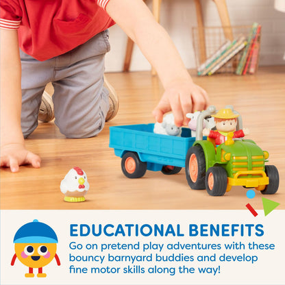 Battat farm toy set for toddlers with toy tractor, trailer, animals, lights, and sounds for pretend farm play.