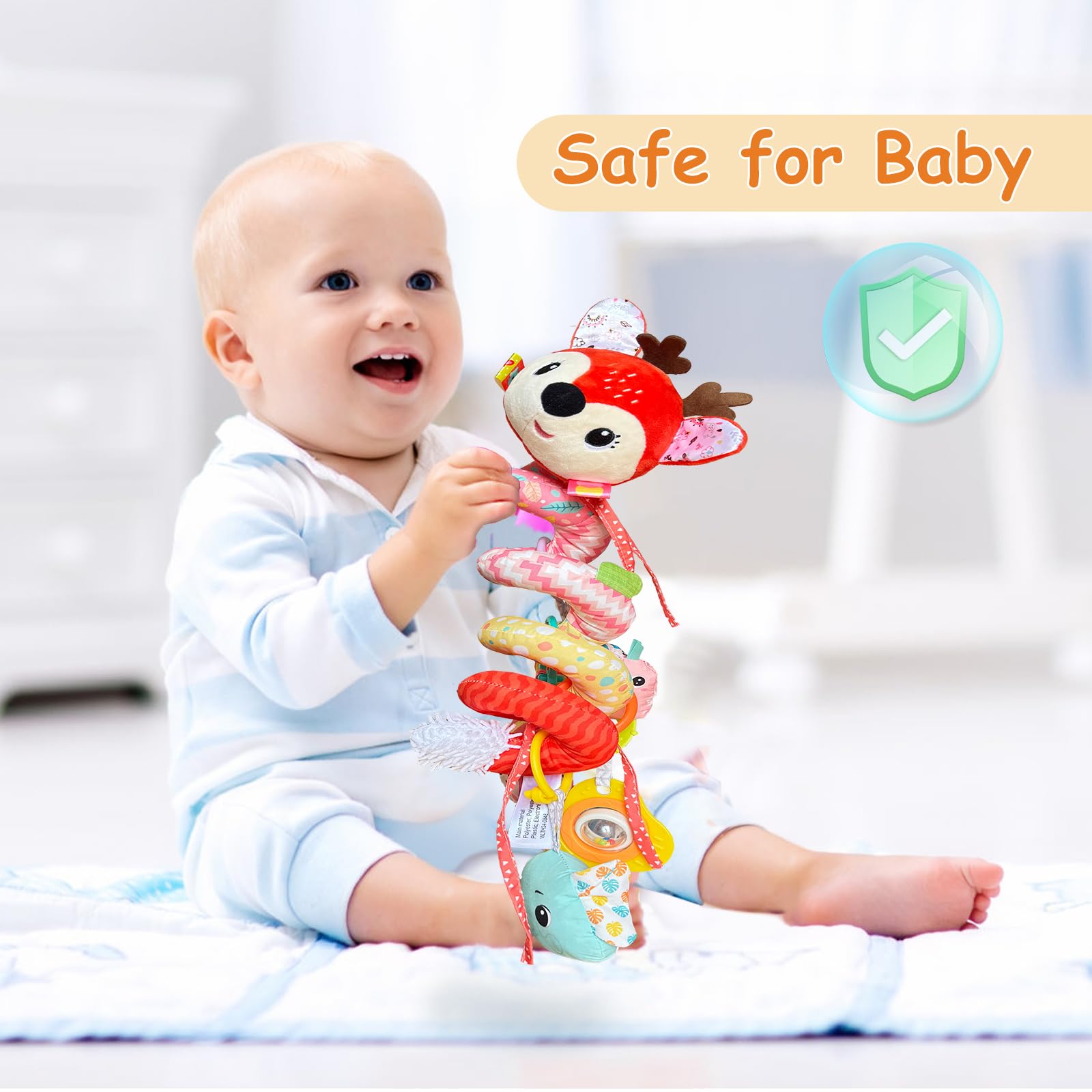 Kulveanju spiral plush baby rattle toy featuring a deer, hanging for strollers, cribs, and car seats for infants 0-12 months.