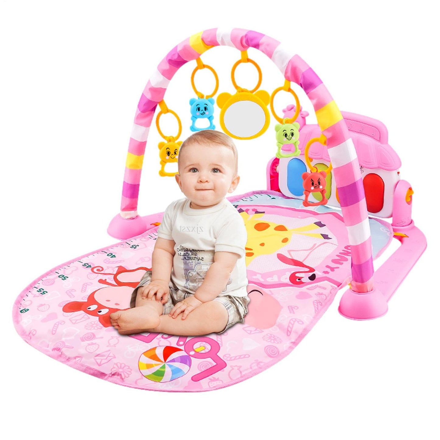 Ylnailky baby gym play mat with colorful toys, cartoon piano, and music features for infants 0-36 months, suitable for boys and girls.