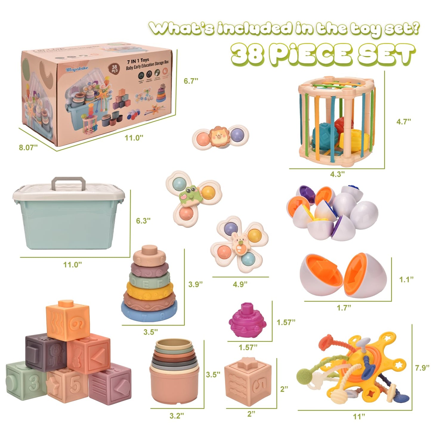 Majabike Baby Toys,7 in-1 Montessoriii Sensory Toys for Toddlers,Stacking Baby Blocks, Stacking Blocks Rings, Matching Eggs, Suction Cup Spinner,Stacking Cups, for Toddler Gift