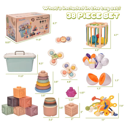 Majabike Baby Toys,7 in-1 Montessoriii Sensory Toys for Toddlers,Stacking Baby Blocks, Stacking Blocks Rings, Matching Eggs, Suction Cup Spinner,Stacking Cups, for Toddler Gift