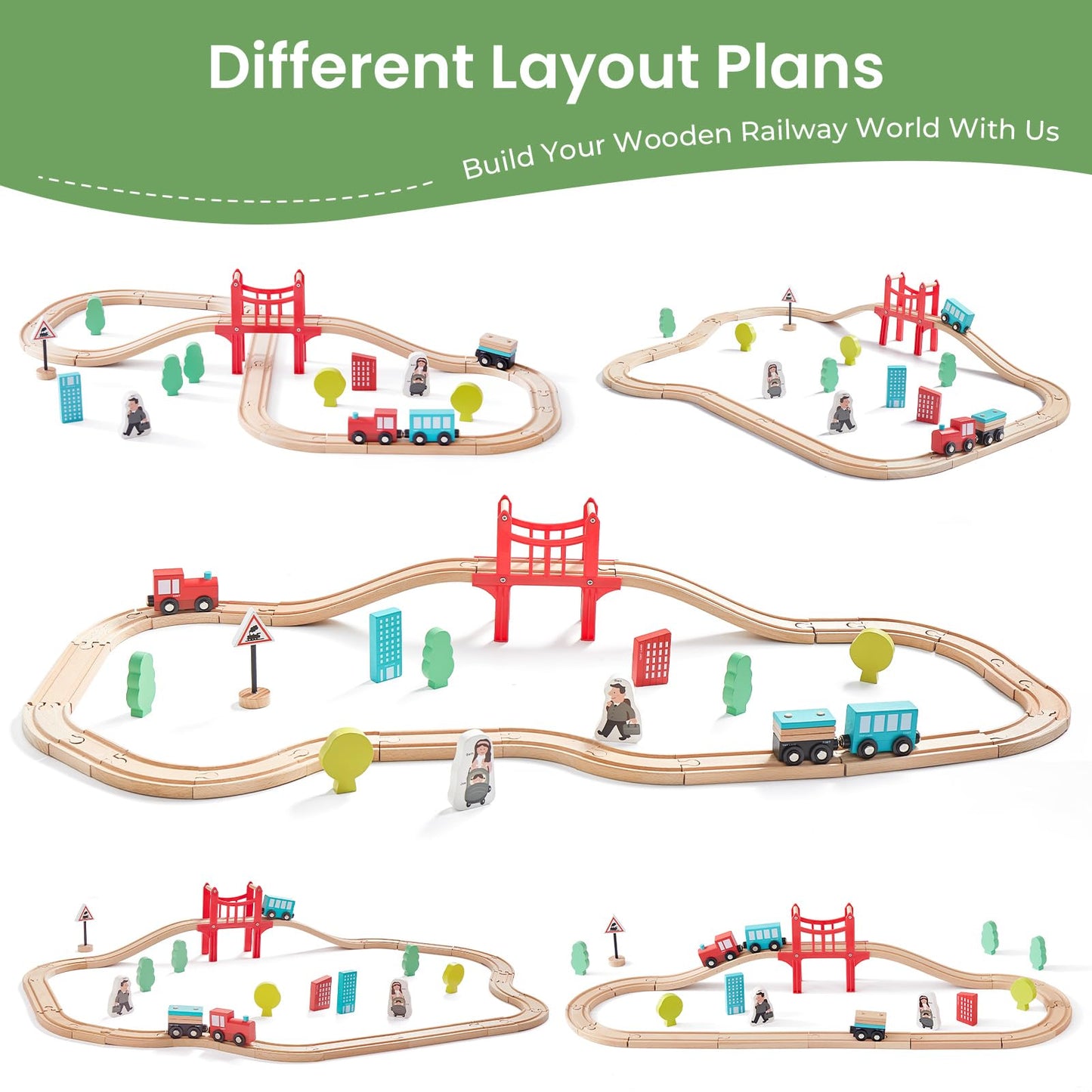 Tiny Land Wooden Train Set for Toddler - 39 Piece- with Wooden Tracks Compatible with Major Brands- Expandable, Changeable-Train Toy for 3 4 5 Years Old Girls & Boys