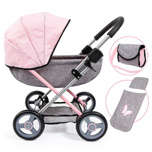 Bayer Cosy Baby Doll Pram for 46cm dolls with foldable design, large wheels, storage basket, changing bag, and accessories for kids.