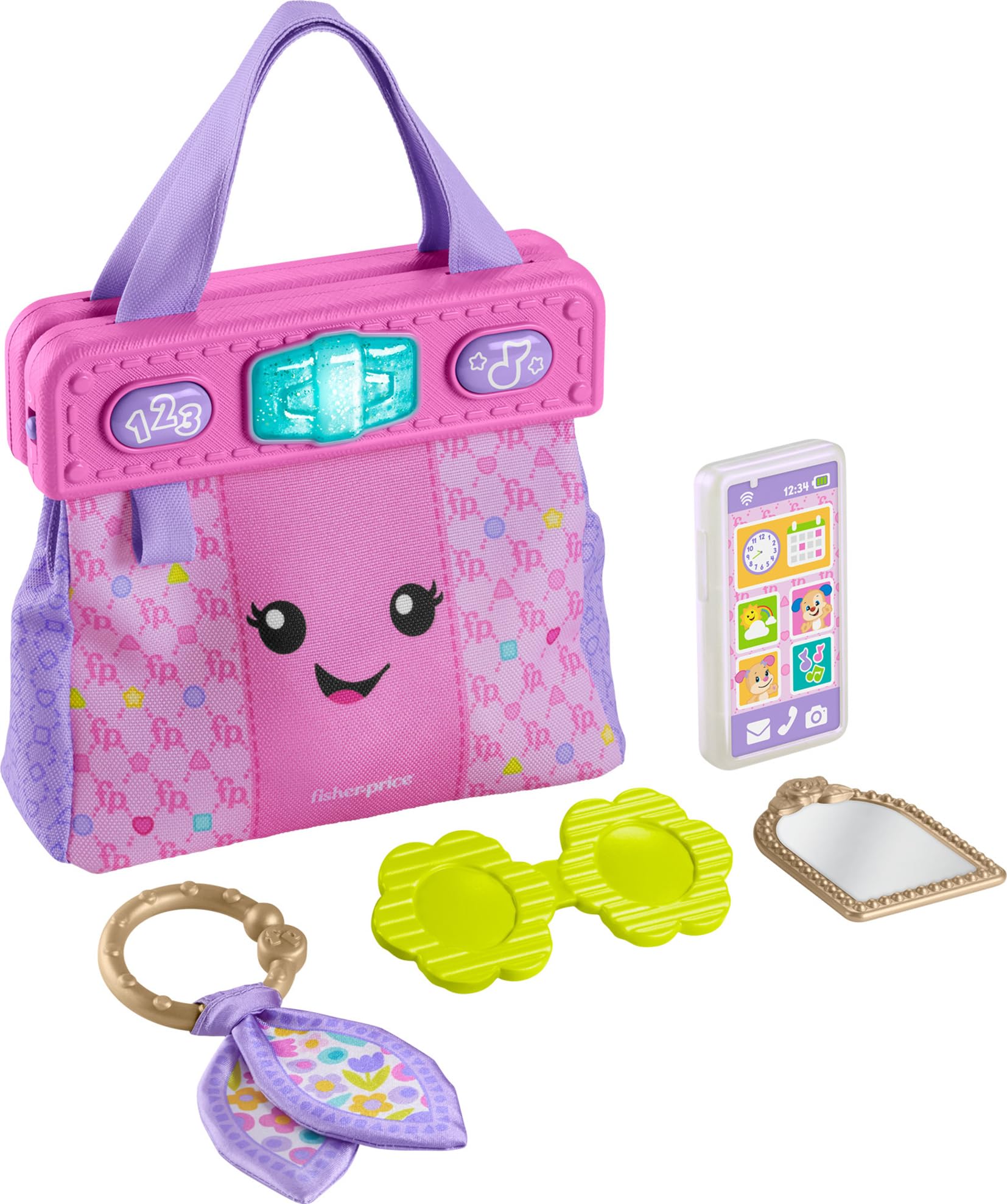 Fisher-Price Laugh & Learn Purse toy for babies, featuring colorful pretend play accessories and a going places theme for infants.
