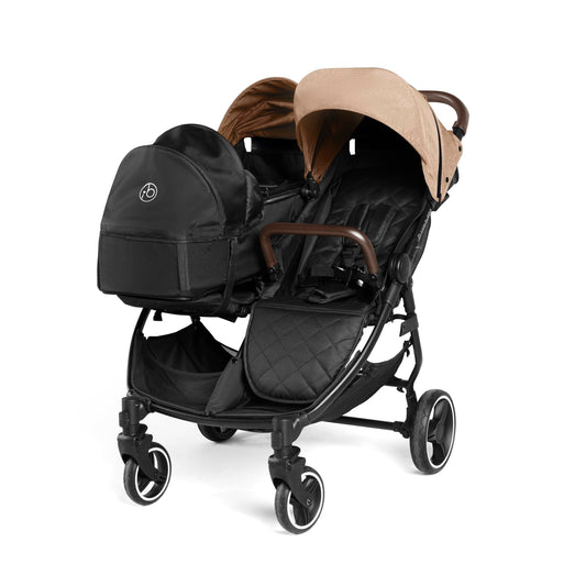 Ickle Bubba Venus Double Prime Stroller – Compact, Lightweight Foldable Twin Pushchair for Twins or Siblings, Suitable from Birth to 15kg (Approx. 3 Years) (Biscuit)