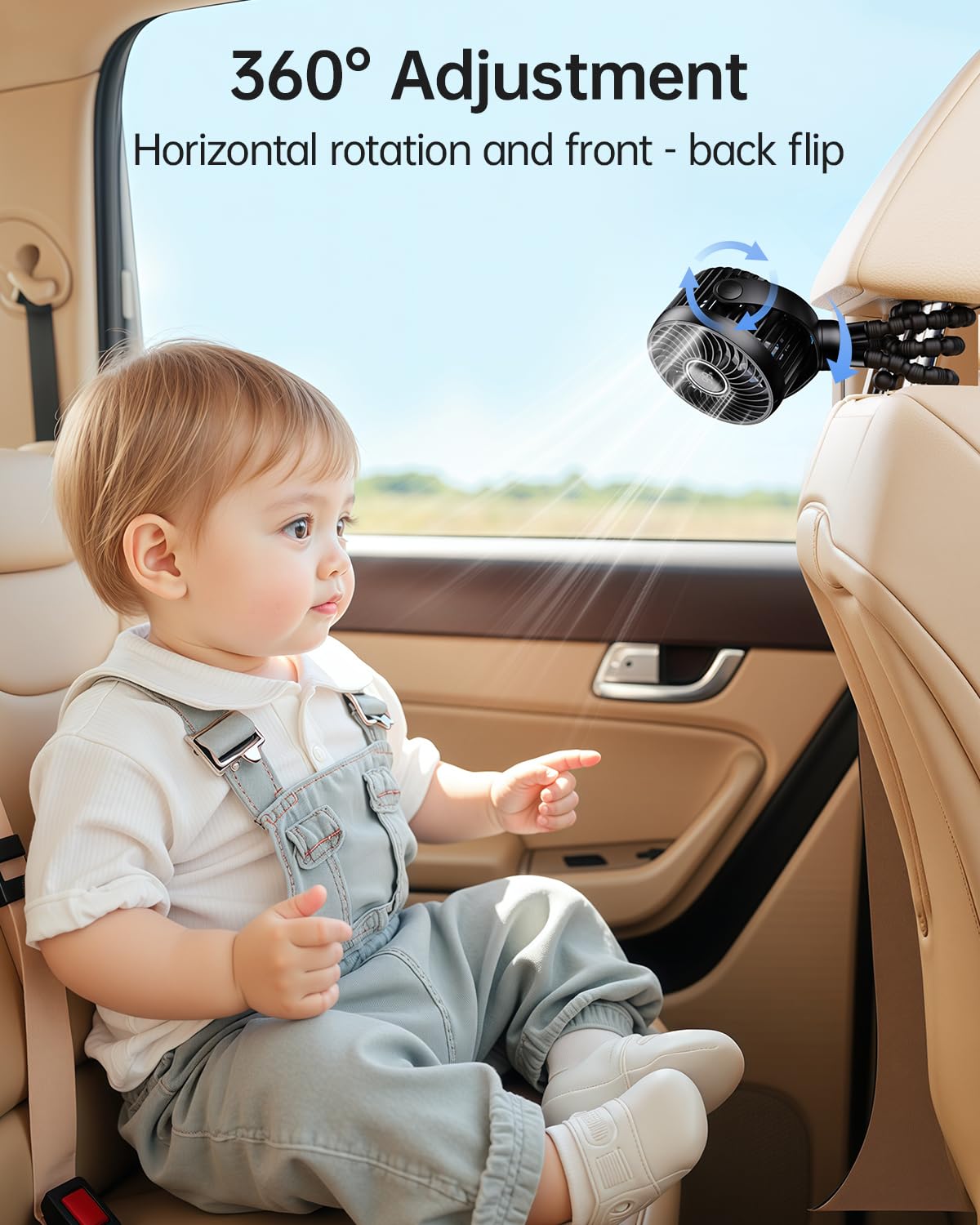 Bearwind Mini Portable Pram Fan clipped on stroller, showing black rechargeable fan with digital display, night light, and 360° rotation.
