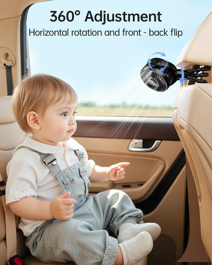 Bearwind Mini Portable Pram Fan clipped on stroller, showing black rechargeable fan with digital display, night light, and 360° rotation.