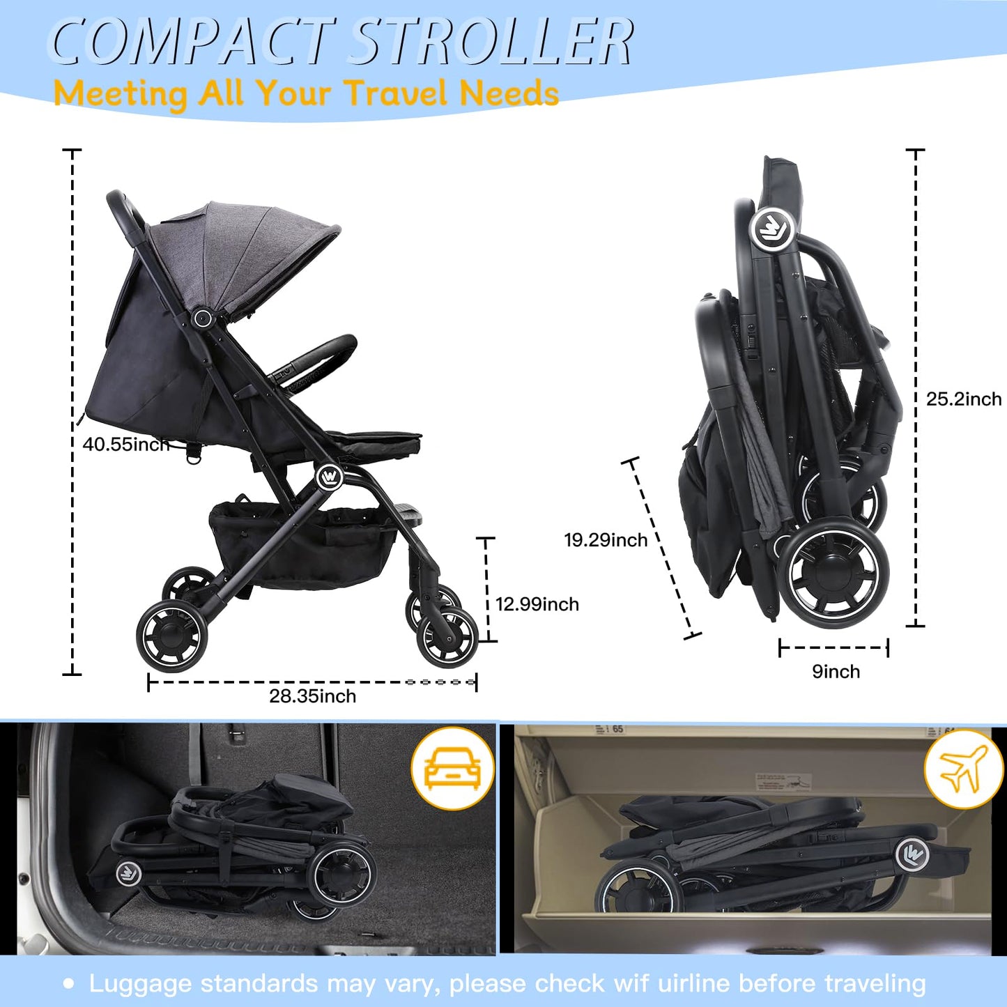 Wheelive Lightweight Baby Stroller, One Hand Easy Fold Compact Travel Pushchair with Cup Holder & Oversize Basket, Sleep Shade - Infant Buggy for Airplane Travel and More