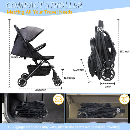 Wheelive Lightweight Baby Stroller, One Hand Easy Fold Compact Travel Pushchair with Cup Holder & Oversize Basket, Sleep Shade - Infant Buggy for Airplane Travel and More