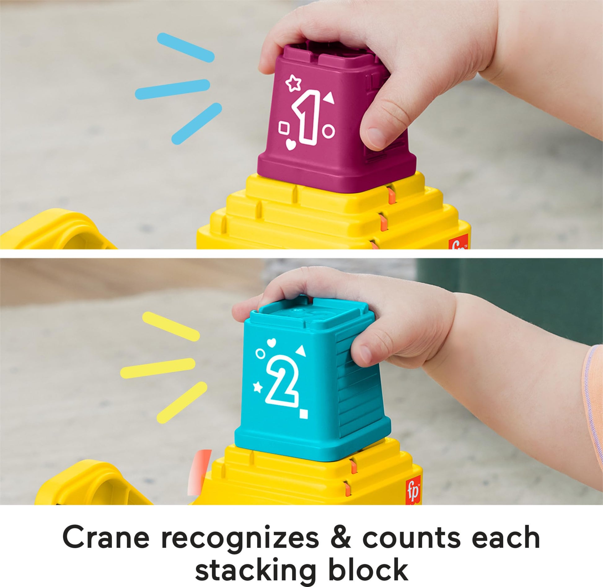 Fisher-Price Baby & Toddler Count & Stack Crane with colorful blocks, lights, music, and sounds for infants 9 months and up.