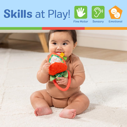 Melissa & Doug multi-sensory peek-a-boo berry infant travel toy clip with colorful textures for babies up to 12 months.