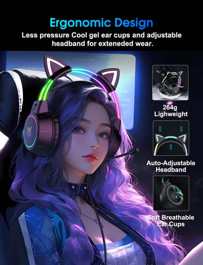 ONITOON lightweight gaming headset with removable cat ears, gradient RGB lighting, wired design, virtual surround sound, noise-canceling mic