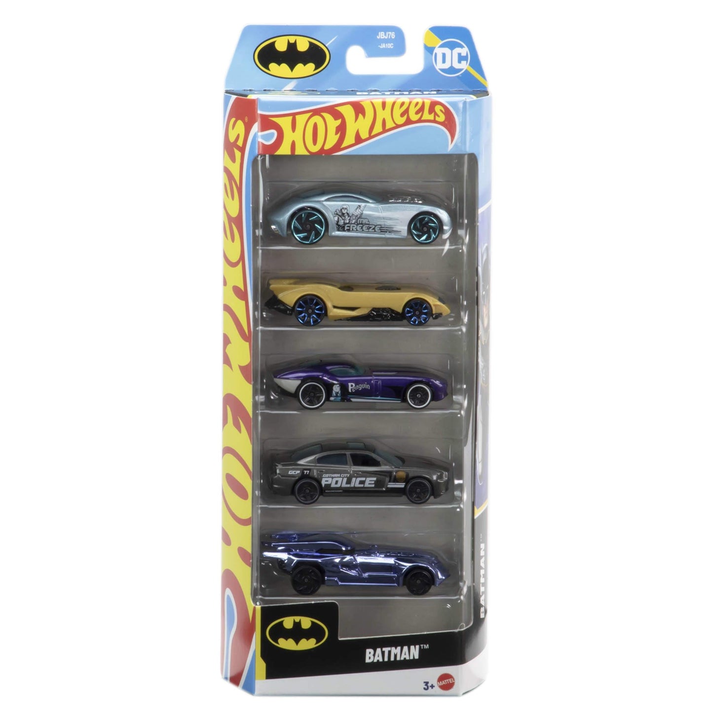 Hot Wheels Batman toy car 5-pack featuring 1:64 scale die-cast vehicles, including the iconic Batmobile.
