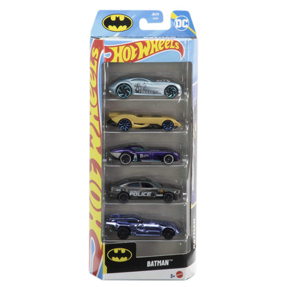 Hot Wheels Batman toy car 5-pack featuring 1:64 scale die-cast vehicles, including the iconic Batmobile.