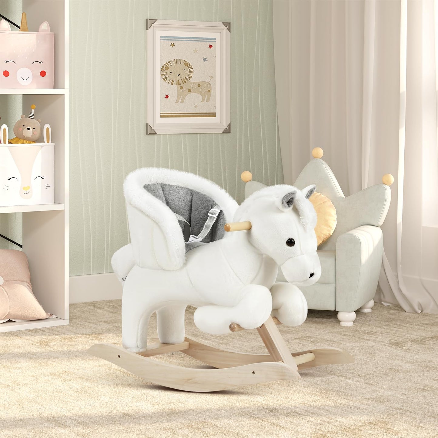 WOLTU Baby Rocking Horse Wooden Toddler Rocker with Seatbelt Kid Ride-on Rocking Animal for 1/2/3 Years Old, White and Grey