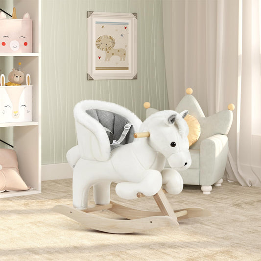 WOLTU Baby Rocking Horse Wooden Toddler Rocker with Seatbelt Kid Ride-on Rocking Animal for 1/2/3 Years Old, White and Grey
