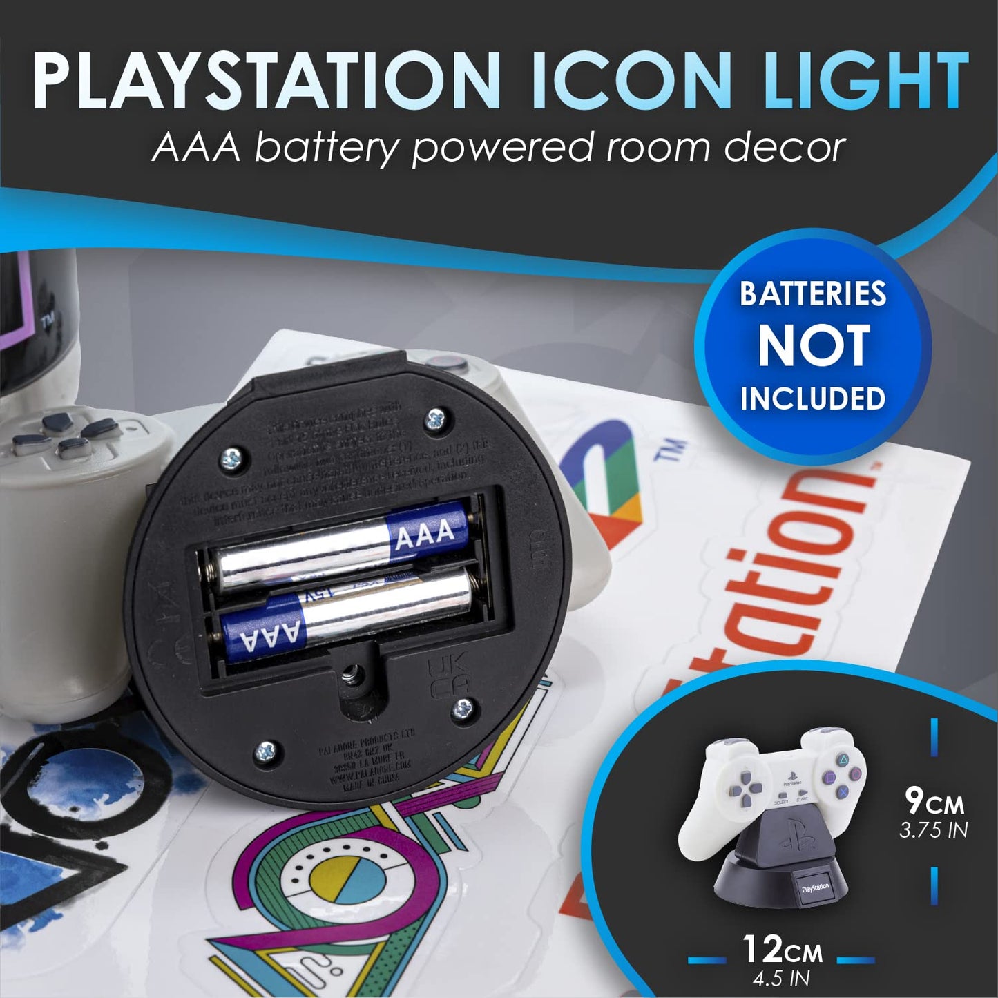 Paladone PlayStation gift set featuring Icons light, gaming stickers, and a themed bottle, official PlayStation merchandise.