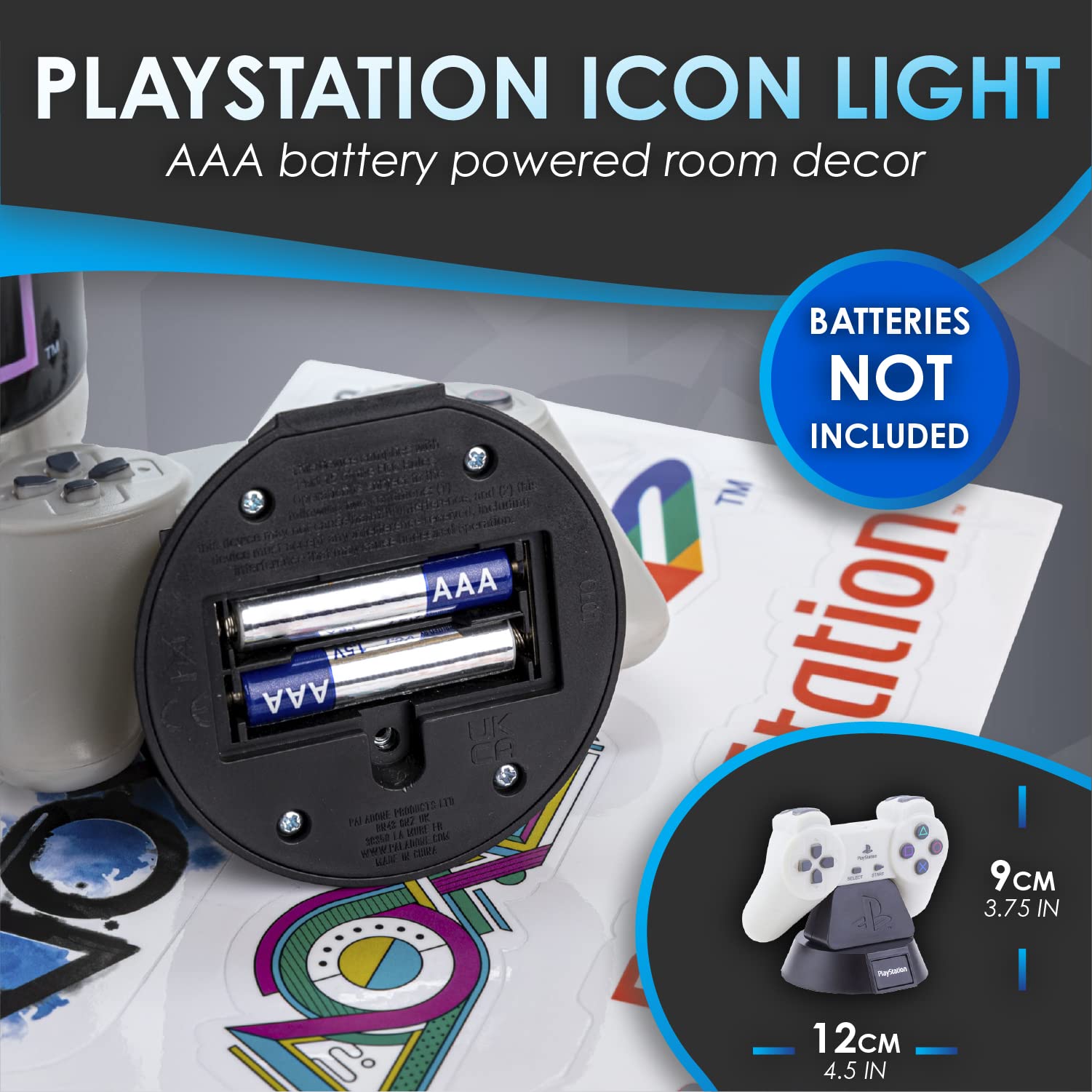 Paladone PlayStation gift set featuring Icons light, gaming stickers, and a themed bottle, official PlayStation merchandise.
