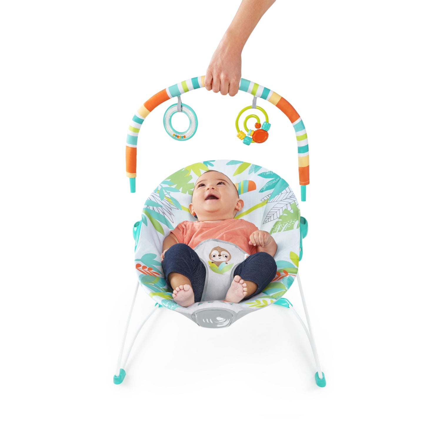 Bright Starts Rainforest Vibes baby bouncer with soothing vibrations, removable toy bar, nonslip feet for infants 0-6 months up to 20 lbs