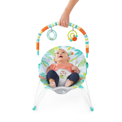 Bright Starts Rainforest Vibes baby bouncer with soothing vibrations, removable toy bar, nonslip feet for infants 0-6 months up to 20 lbs
