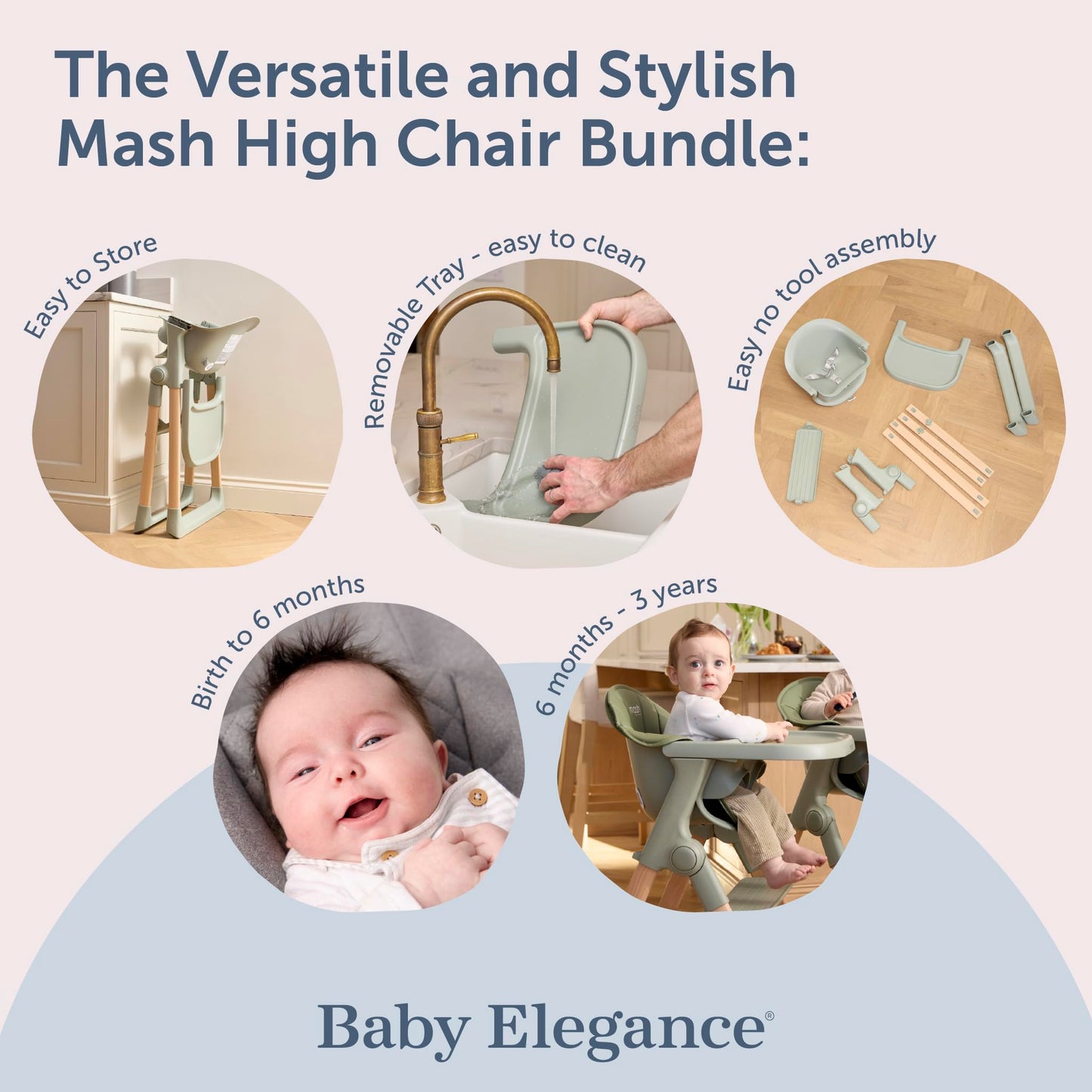 Mash High Chair Bundle by Baby Elegance | Includes Newborn Seat (0-6 Months), Toddler Seat (6+ Months) & Sage Cushion | Adjustable Sage High Chair for Babies & Toddlers