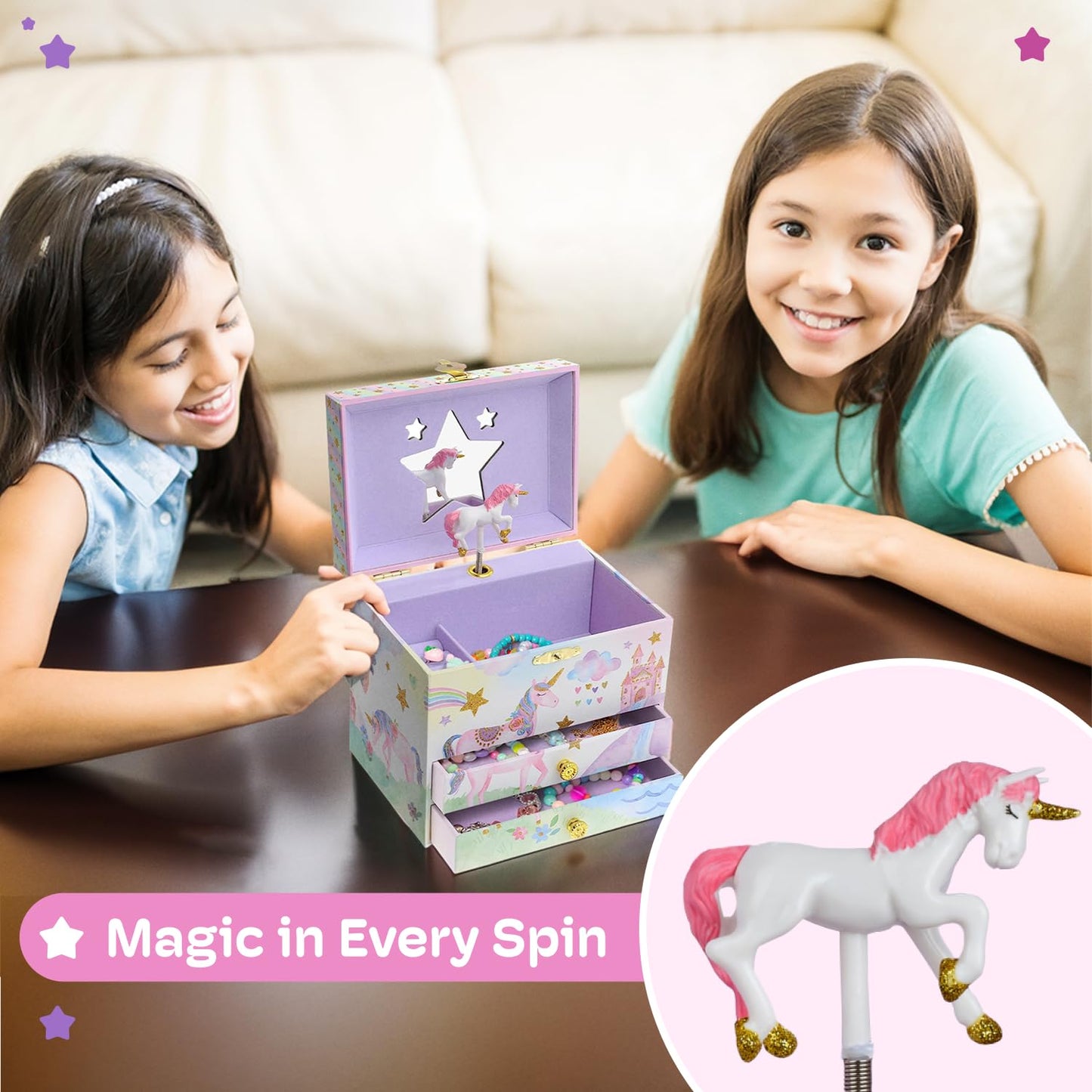 Jewelkeeper Unicorn Jewellery Box for Girls with 2 Pull-out Drawers, Glitter Rainbow and Stars Unicorn Design, The Beautiful Dreamer Tune - Store Your Precious Items - Ideal for Girls Ages 3 and Up
