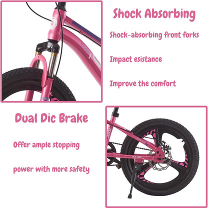 TRIOBLADE Kids Bike 18/20/22/24inch Kids Mountain Bike for Boys and Girls 6-15 Years Old Junior Mountain Bikes 3 Spoke Wheels Children Bicycle with Shock Absorber Dual Disc Brake(Pink, 20inch)