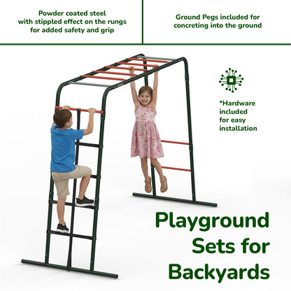 Plum Play Metal Monkey Bars Climbing Frame with Stippled Powder Coating for Extra Grip and Support - Cargo Climbing Net - Max user weight 50kg - Up to 3 users at a time - Min age from 3 years Plus