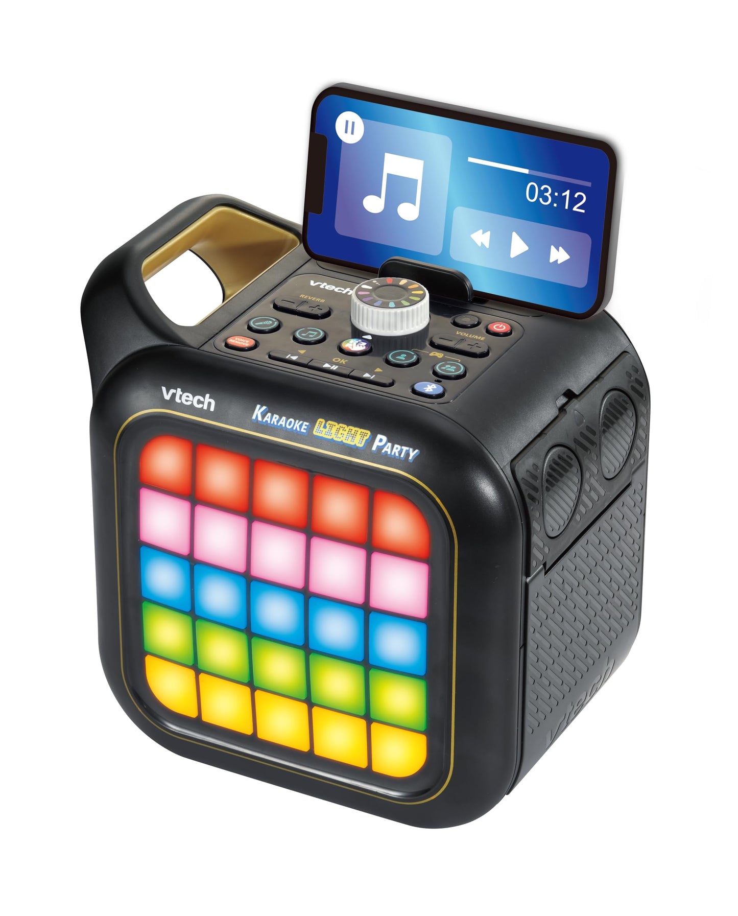 VTech Karaoke Light Party machine with two wireless microphones, Bluetooth speaker, colorful light show, and game controls.