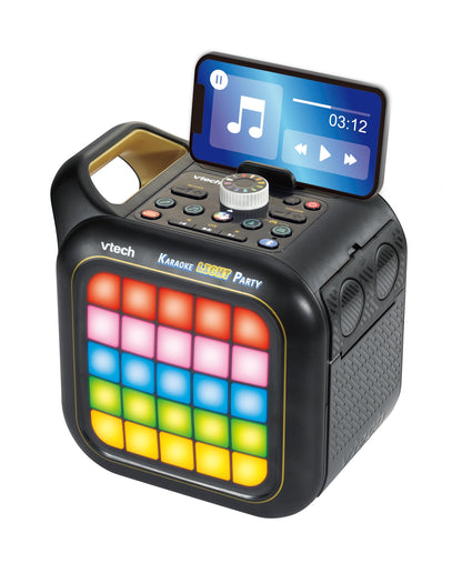 VTech Karaoke Light Party machine with two wireless microphones, Bluetooth speaker, colorful light show, and game controls.