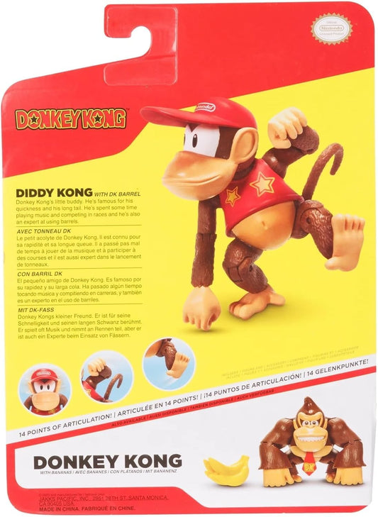 Nintendo Diddy Kong 4-inch articulated action figure by Jakks Pacific with barrel accessory, 13 points of movement, ideal for collectors