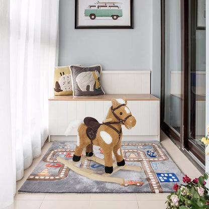 WOLTU Wooden Baby Rocking Horse, Plush Ride-on Toy with Sound and Stirrups, Toddler Rocker for Kids Aged 1–3, Brown, Seat Height 44cm