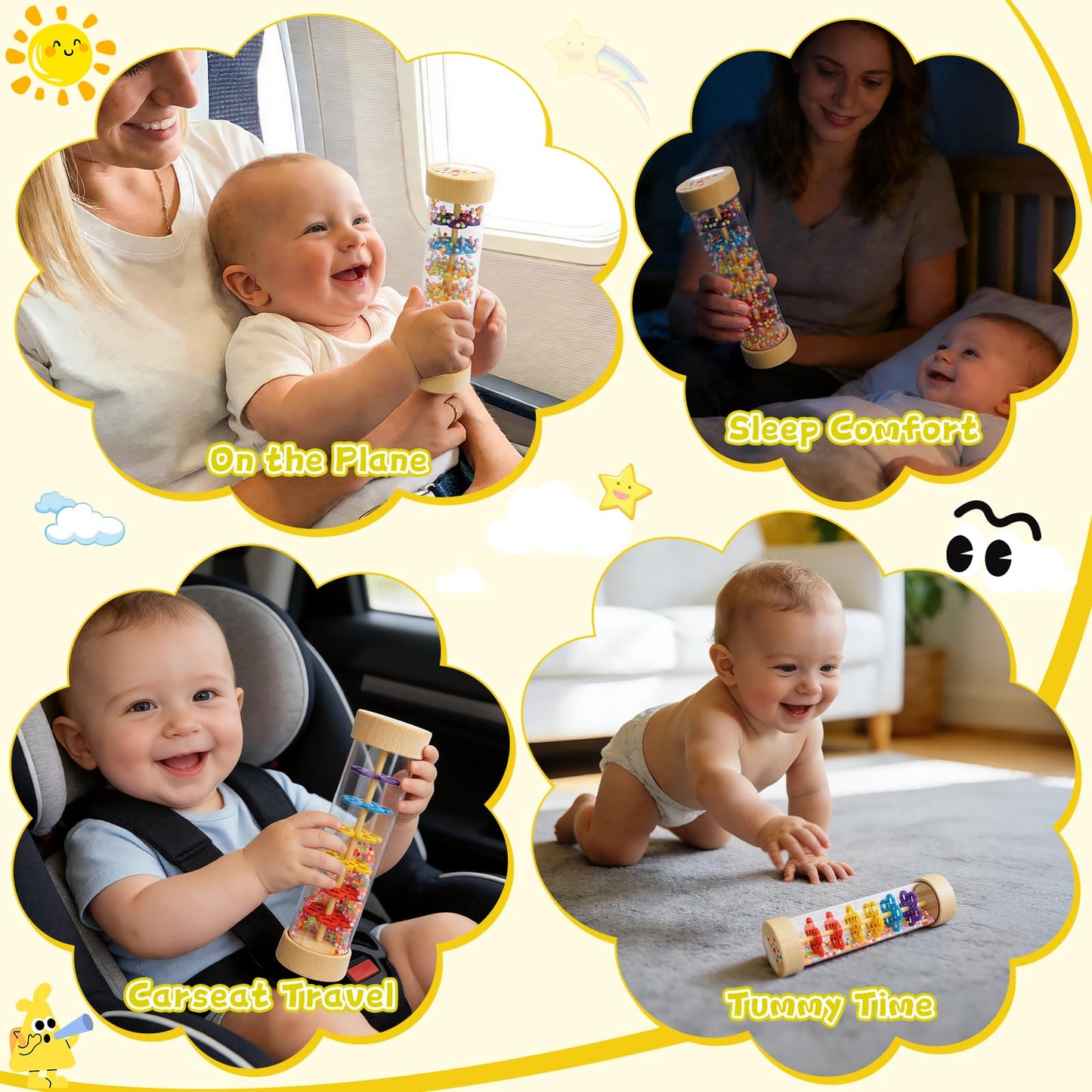 Wooden baby rattle rain stick toy by Zendstanding, designed for sensory play and musical enjoyment for infants and toddlers.