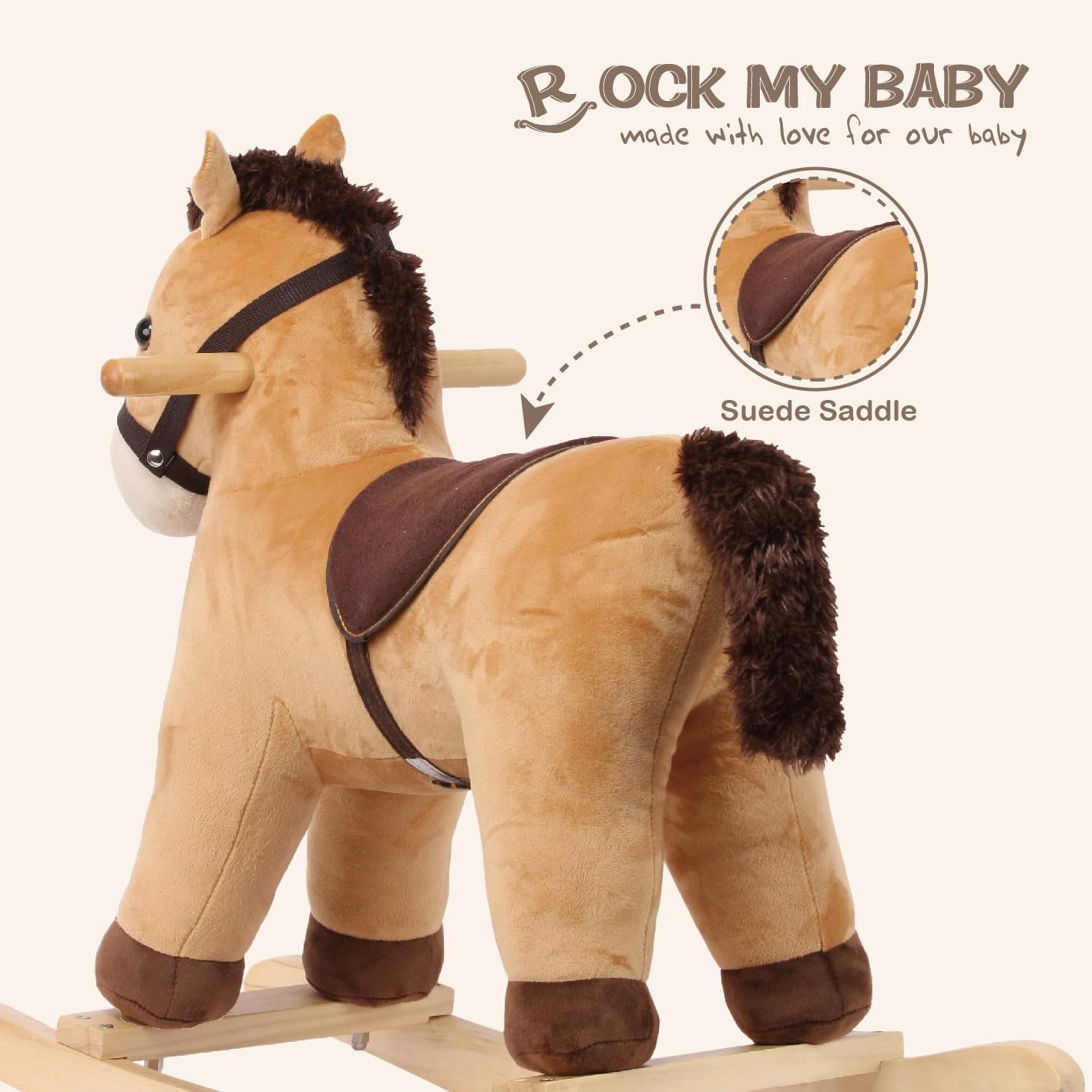 Rock My Baby Rocking Horse, Grey Wooden Horse with Sound Effects,Ride-on Toy,Balance Toy (Light Brown)