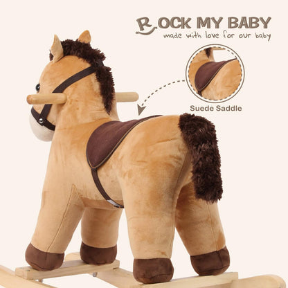 Rock My Baby Rocking Horse, Grey Wooden Horse with Sound Effects,Ride-on Toy,Balance Toy (Light Brown)