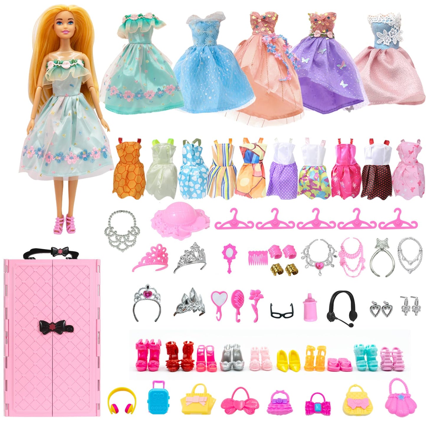 Yutoy dolls wardrobe set with pink closet, dress, shoes, bags, and accessories for 11.5-inch fashion dolls.