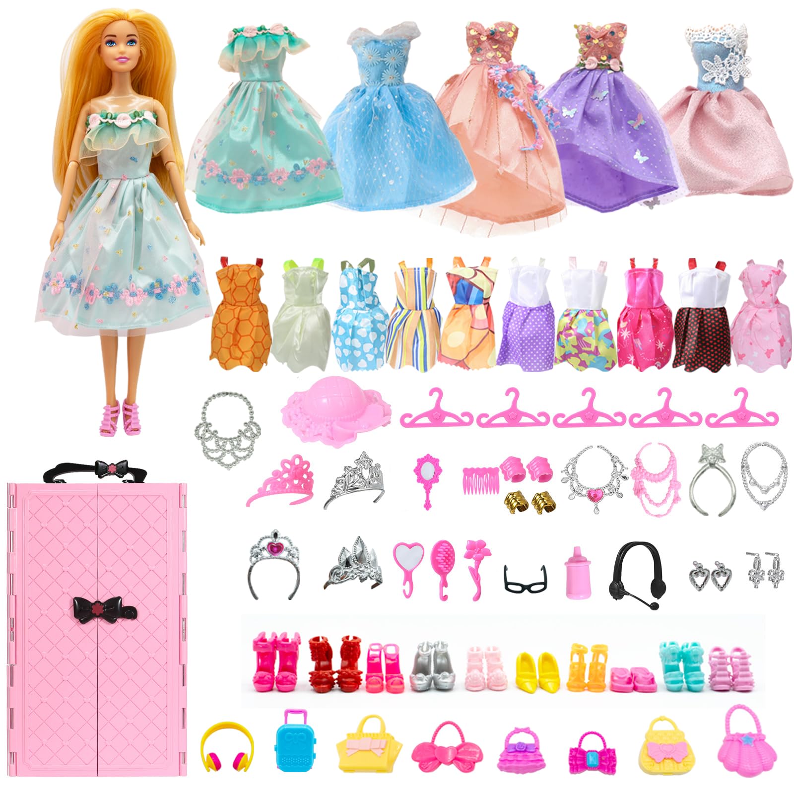 Yutoy dolls wardrobe set with pink closet, dress, shoes, bags, and accessories for 11.5-inch fashion dolls.