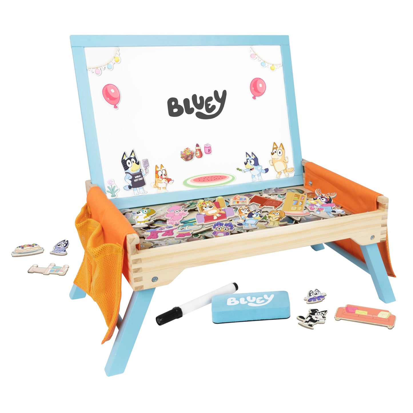 Bluey 102D Creation Station kids' magnetic whiteboard and lap tray with blue surface, portable, sturdy, and FSC-certified for learning and play.