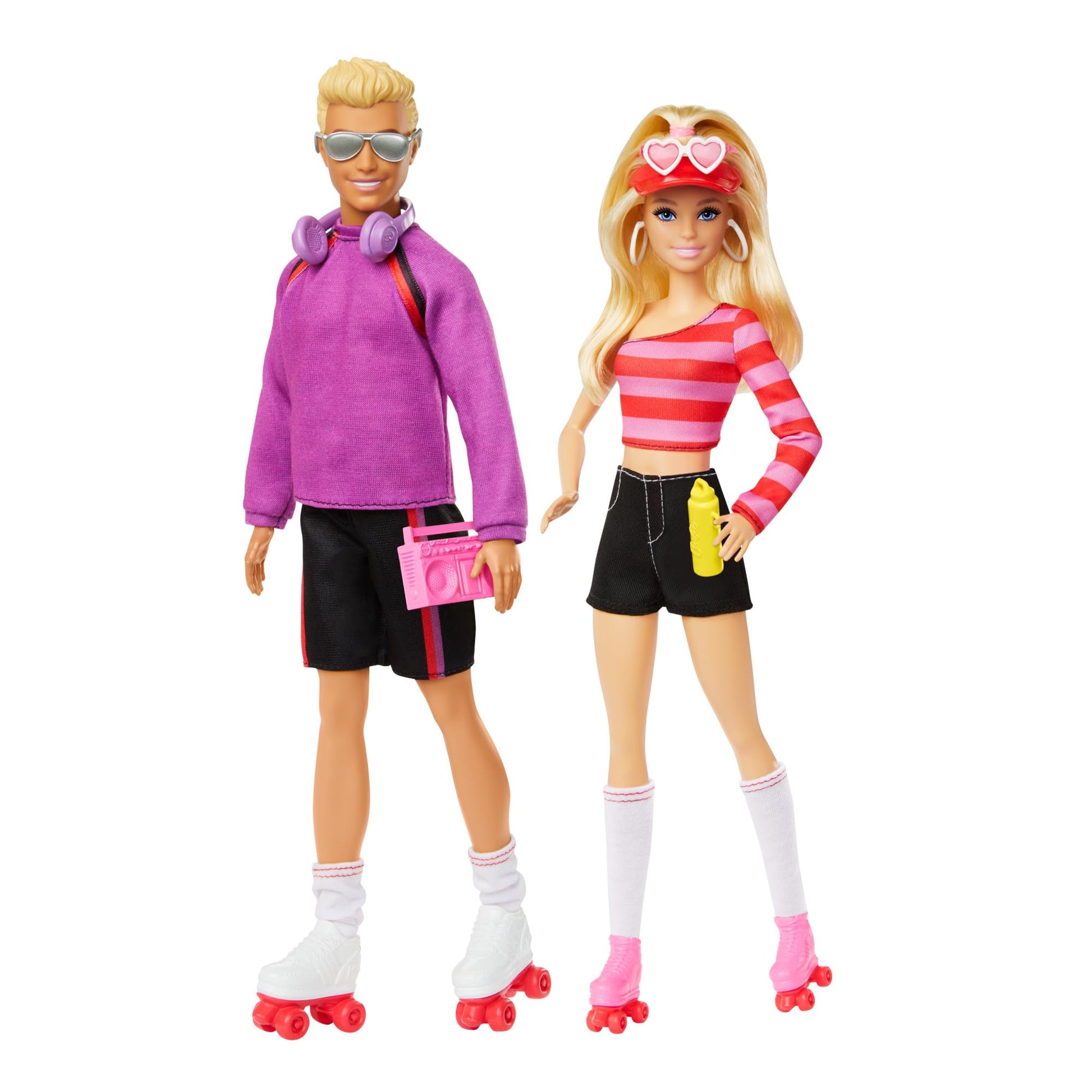 Barbie Fashionistas set featuring roller-skating Barbie and Ken dolls with six colorful accessories, 65th anniversary collectible.