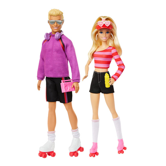 Barbie Fashionistas set featuring roller-skating Barbie and Ken dolls with six colorful accessories, 65th anniversary collectible.