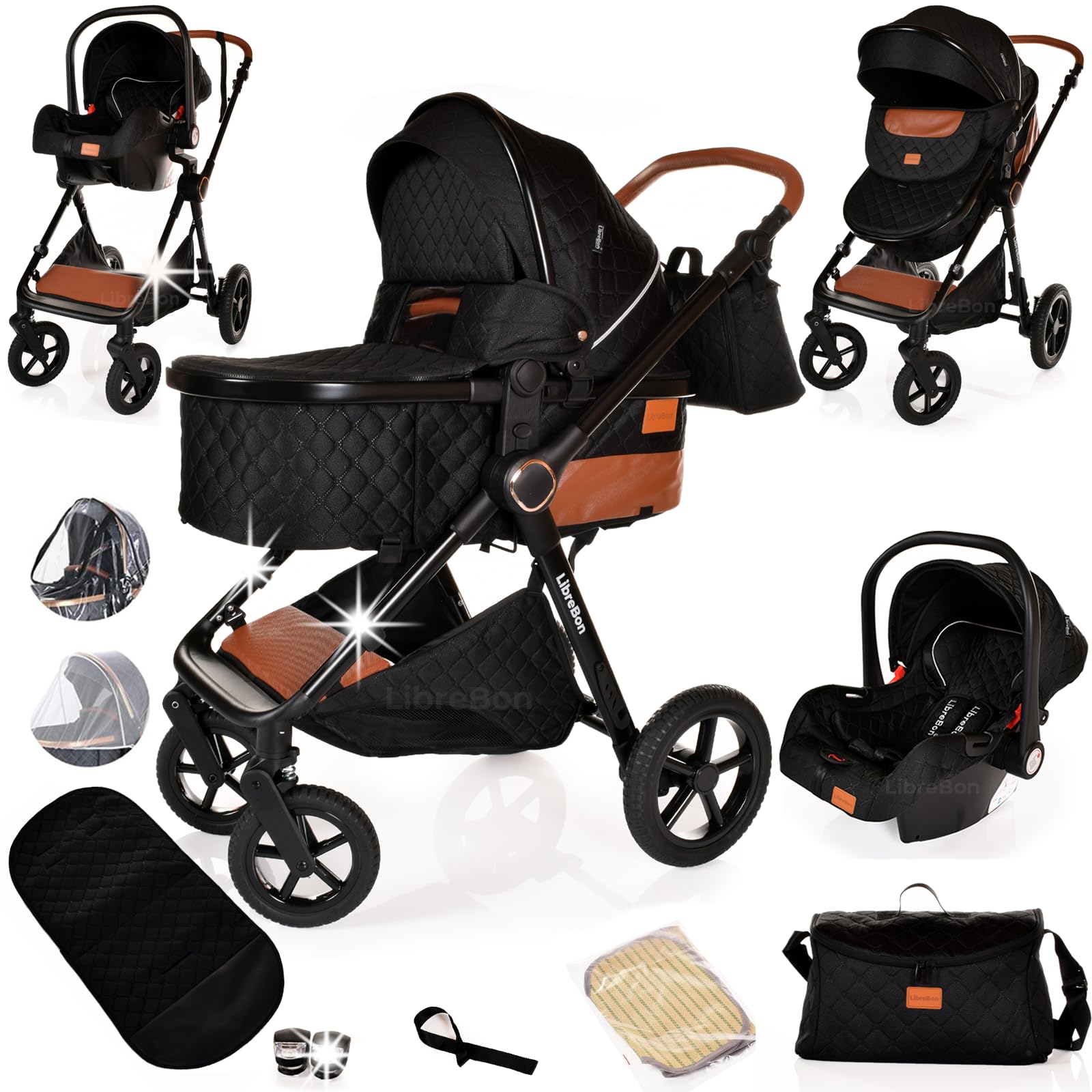 Boneelook 3-in-1 baby buggy pram stroller with black frame, lightweight folding design for newborns and toddlers, aluminum build.