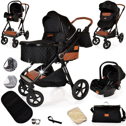 Boneelook 3-in-1 baby buggy pram stroller with black frame, lightweight folding design for newborns and toddlers, aluminum build.