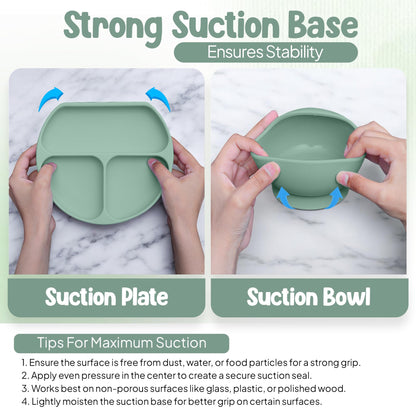 O'doe 17-Piece Baby Led Weaning Feeding Supplies for Toddlers,Baby Feeding Set | Suction Silicone Baby Bowl Self Eating Utensils with Fruit Feeder, Cup, Bibs, Food Plate Kit with Lid | Green V2