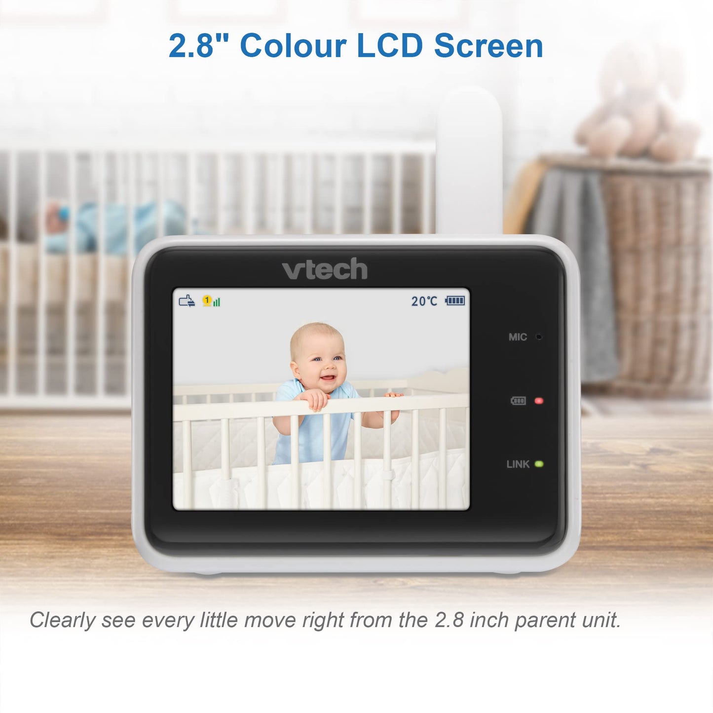VTech RM2751 2.8-inch Wi-Fi HD baby monitor displaying live video feed with remote access and control features.
