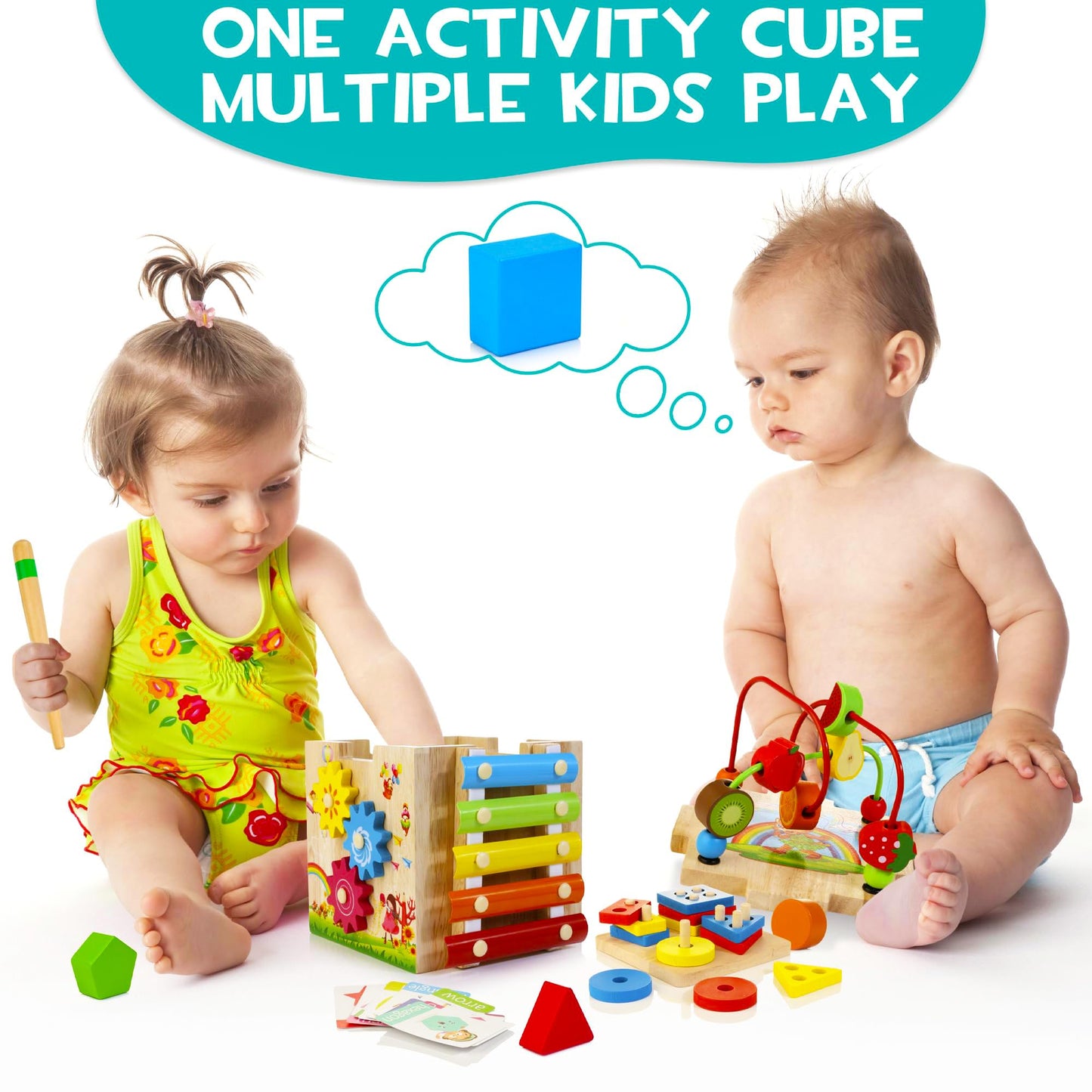 HELOWOOD wooden activity cube for babies featuring bead maze, shape sorter, abacus, xylophone, clock, and word learning toys for toddlers