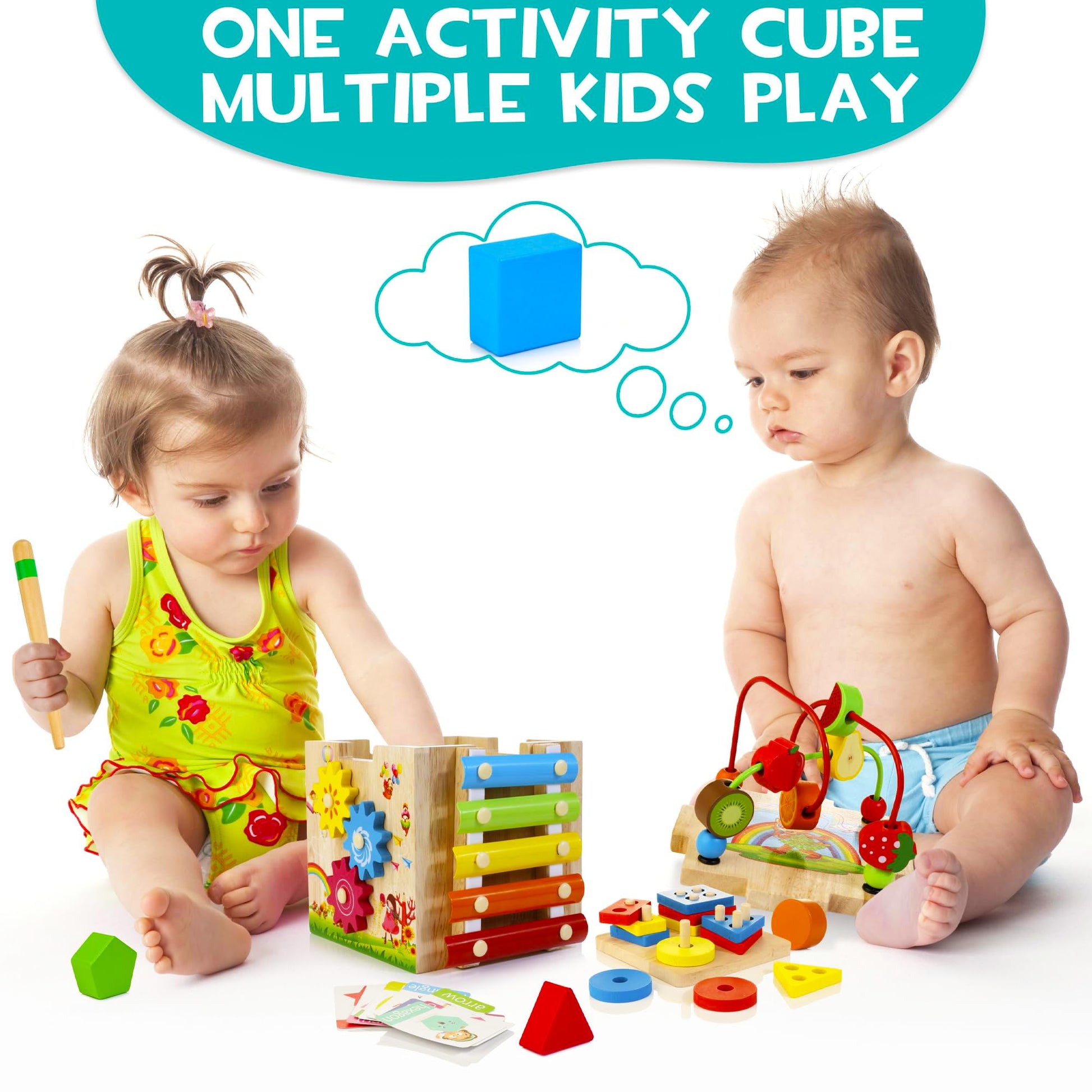 HELOWOOD wooden activity cube for babies featuring bead maze, shape sorter, abacus, xylophone, clock, and word learning toys for toddlers